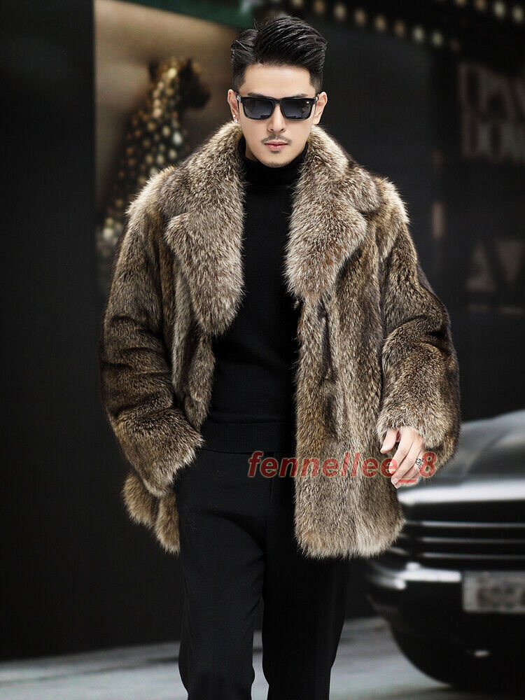 Lapel Men Faux Fur Winter Mid-length Fox Fur One-piece Mink Coat
