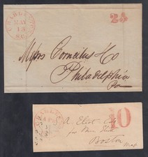 Estampillas de Estados Unidos 1845/47 en estado bastante bueno cubiertas sin estampillas de Charleston, Carolina del Sur a Filadelfia + Boston
