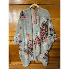Boho Floral Chiffon Kimono Cardigan Sage Green Pink Open Front Wrap Cover Up OS