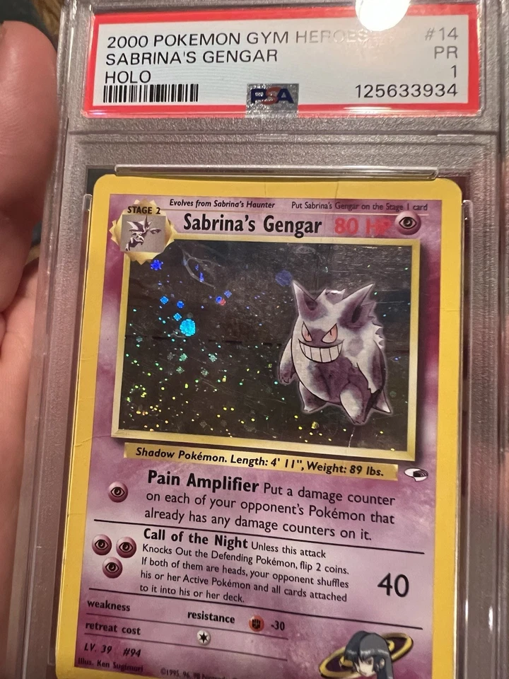 HUGE SWIRL PSA 1 2000 Pokemon Gym Heroes Sabrina's Gengar 14/132 Holo Foil Rare - Image 3 of 3