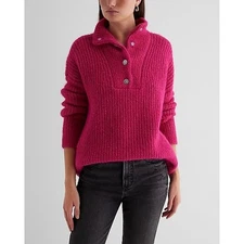 New Express Pink Fuzzy Knit Embellished Quarter Snap Sweater Size Large L