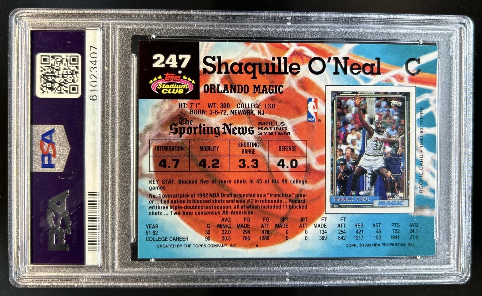 1992-93 Topps Stadium Club Shaquille O'Neal Rookie RC #247 Magic PSA 7 view 2