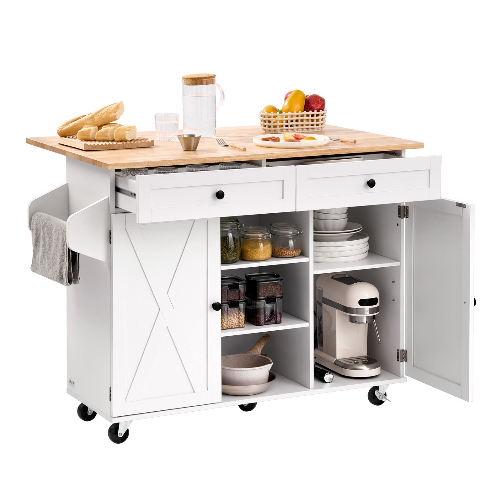 VEVOR 52in Kitchen Island Cart Rolling Storage Cabinet Table with Drawer Leaf