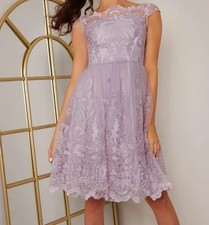 CHI CHI London Embroidered Sleeve Midi Occasion Party Bridal Prom Dress 8 Lilac
