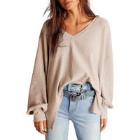 Damen Bluse Tunika Waffelstrick Casual Oversize V-Ausschnitt Beige XXL