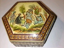 Vintage Wooden Box Trinket Dish with Khatam Micro Mosaic Marquetry  Hexagon