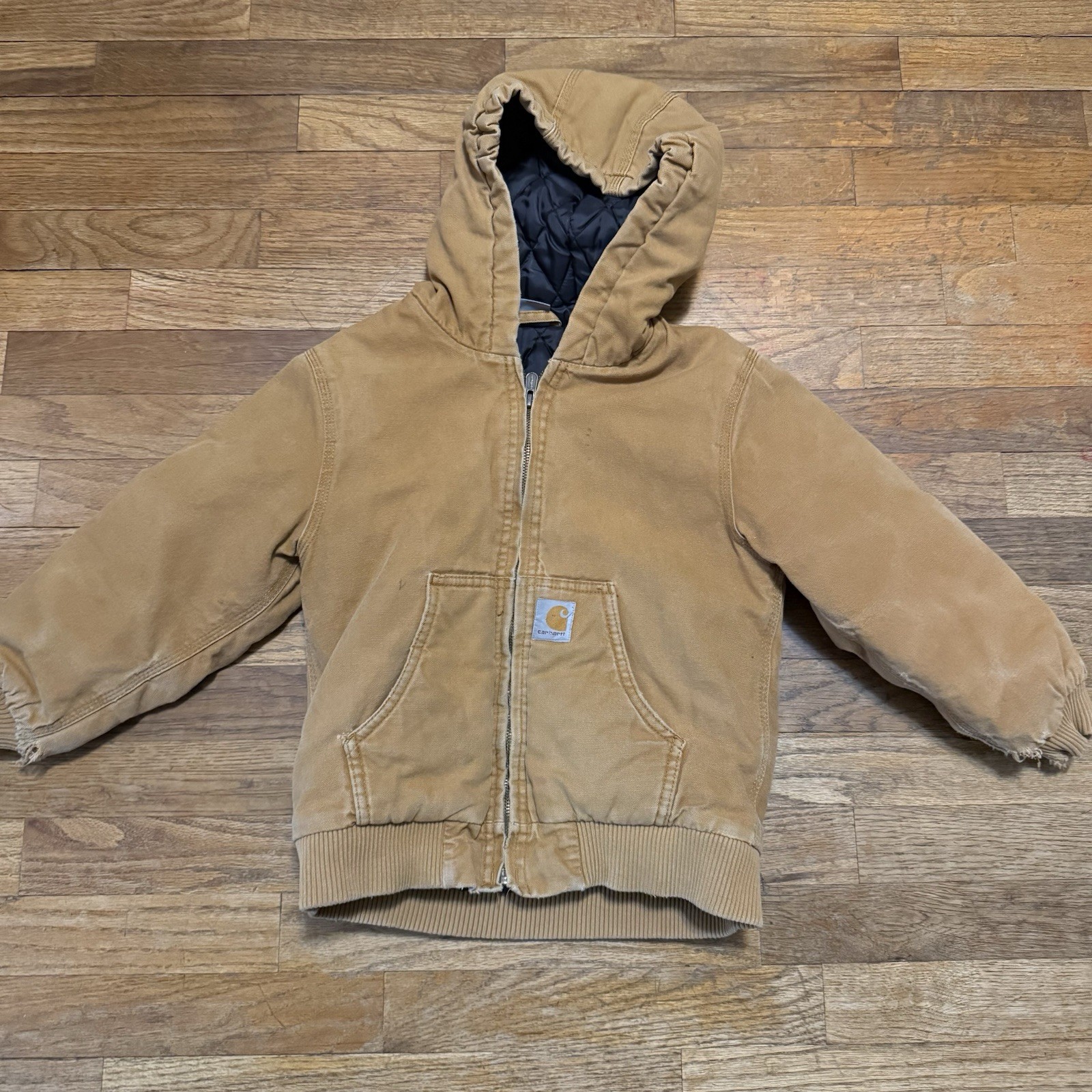 Carhartt Canvas Quilted Lined Jacket Tan Brown Distressed Youth Size Small (7-8)