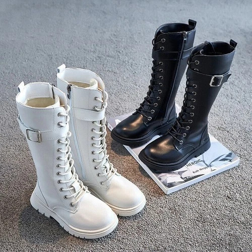 Kids Girls Knee High Boots Fur Lined Lace Up Side Zippers Riding Snow Boots UK - Image 3 of 4