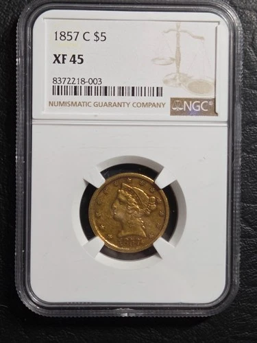 Rare & Beautiful 1857 C $5 Gold Liberty Coin NGC Graded XF 45