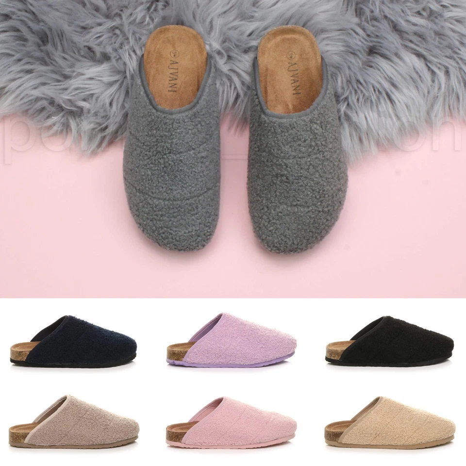 AJVANI WOMENS LADIES SLIP ON FLEECE HOUSE SHOES COMFORT FOOTBED MULES SLIPPERS SIZE
