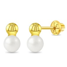 14k Gold Simulated Pearl Drop Baby / Toddler Earrings Safety Screw Back