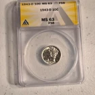 1943 Mercury Dime 10C Silver Denver ANACS MS63 Full Split Bands FSB