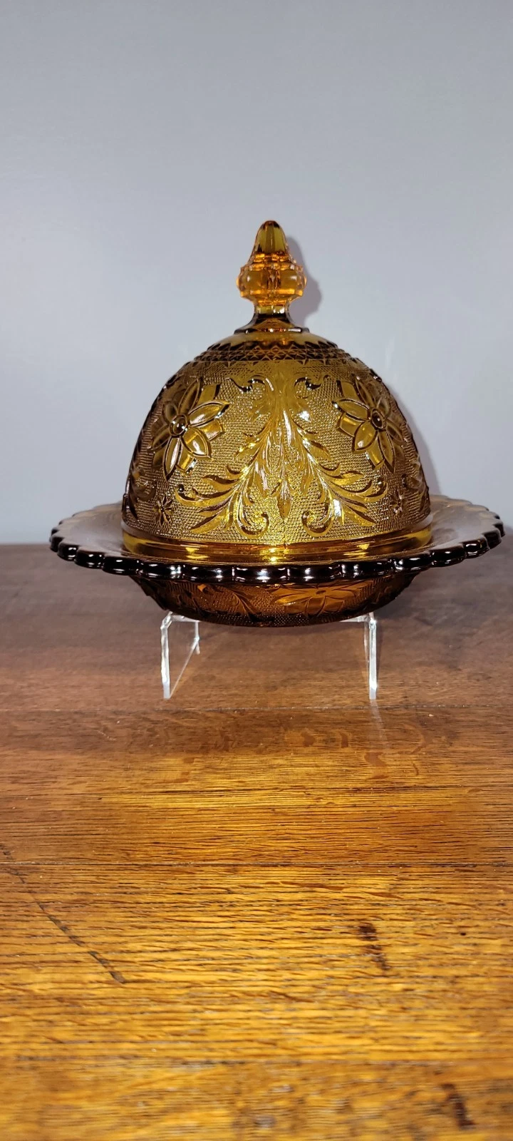 INDIANA GLASS Vintage TIARA Amber Domed Covered Butter Cheese Dish Daisy Pattern