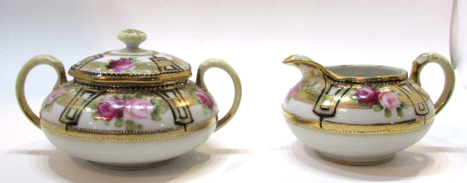 Antiguo Nippon Moriage Crema Azúcar Set Pintado a Mano Rosas Rosas Oro Decoración Foto 3 de 4