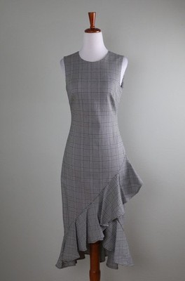 CALVIN KLEIN $128 Glen Plaid Houndstooth Stretch Ruffle Hi Lo Dress Size 2