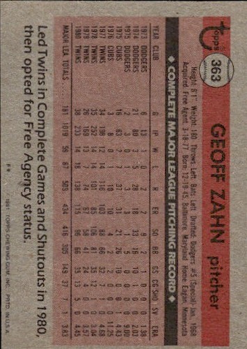 1981 Topps #363 Geoff Zahn Minnesota Twins béisbol - Imagen 2 de 2