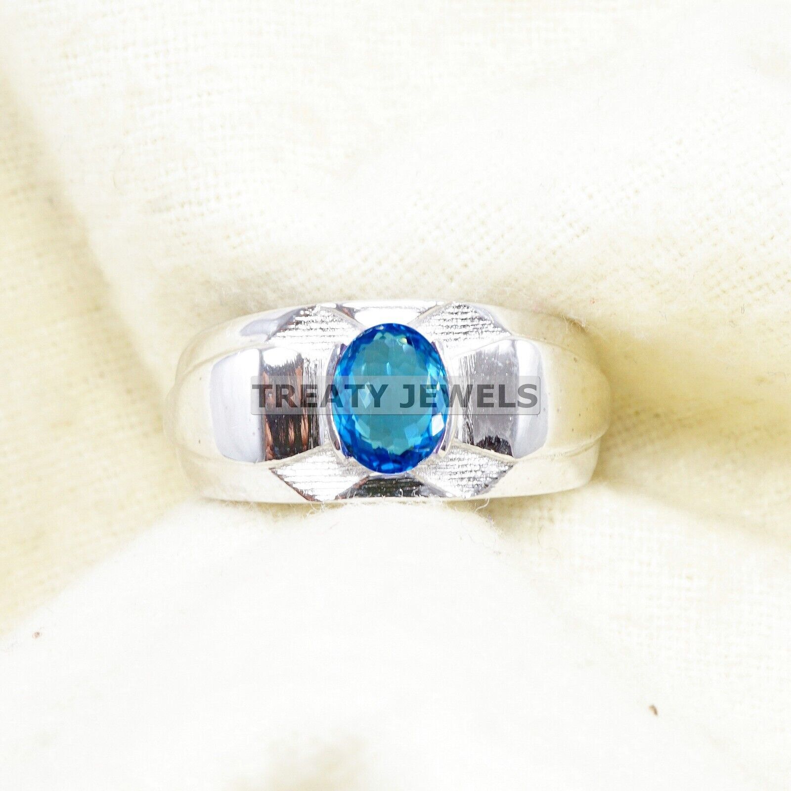 Blue Topaz Oval Cut Gemstone With 925 Sterling Silver Ring For Men's #A924