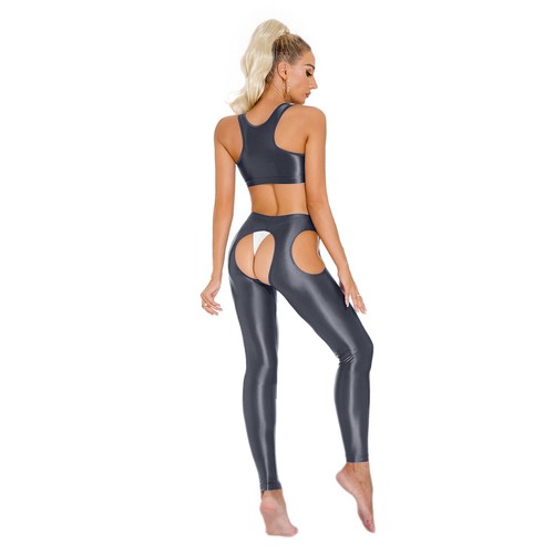 Canotta donna 2 pezzi lucida ghiaccio seta crop crop con pantaloni all'uncinetto aperti tute - Foto 82 di 88
