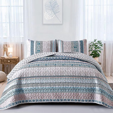 Boho Quilt Set King Size, Blue Bohemian 3 Pieces Quilt Sets, Lightweight Bedspre