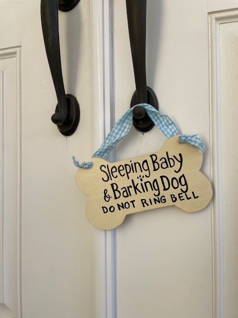SLEEPING BABY Barking Dog Do not ring bell Blue Gingham ribbon