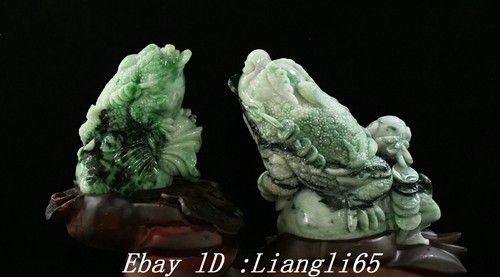 12" 100% Hielo Verde Esmeralda Jadeíta Tallado Sapo Vómitos Dinero Ruyi Estatua - Imagen 13 de 16