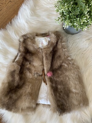 Zara Baby Girls Brown Tie Front Fleece Faux Fur Vest mo​nth