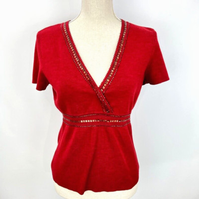 Emma James Sweater Shirt M Embellished Cross V Neck Beads Burgundy