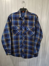 Vintage Men's Woodland Plaid Flannel Shirt Blue Size M Taiwan ROC Outdoors Camp