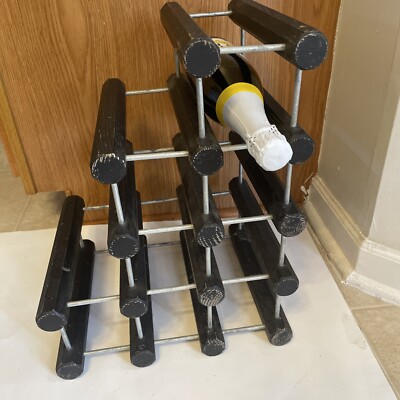 Vtg Industrial Wine Rack 10 Bottle Charcoal Grey Wood Silver Metal