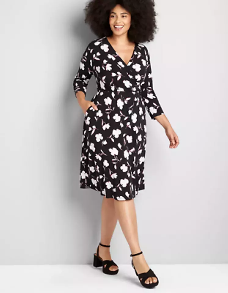 NEW LANE BRYANT BLACK FLORAL CROSSOVER FIT FLARE DRESS SZ 26 28