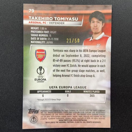 2023 Takehiro Tomiyasu Topps Stadium Club Chrome Orange 21/50 Arsenal 5498 READ - Picture 2 of 4