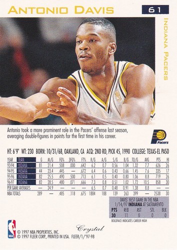 1997-98 Fleer Traditions CRYSTAL Antonio Davis #61 - Indiana Pacers - Picture 2 of 2