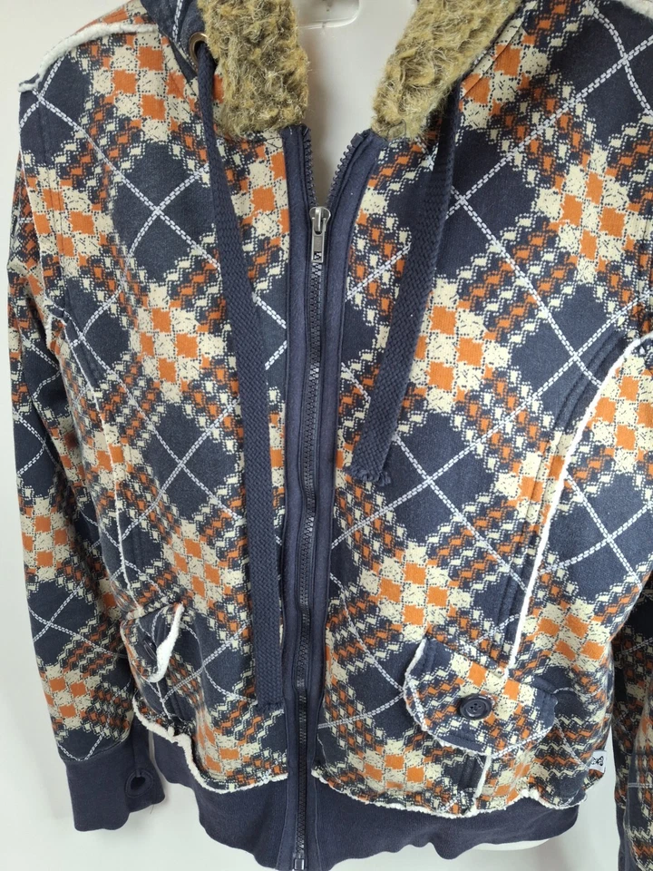 VTG Y2K Self Esteem Zip Up Hoodie Jacket XL Argyle Plaid Sherpa Thumbhole Grunge - Image 4 of 4