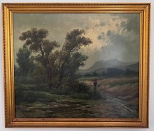 Antique large oil painting solitary figure in a moody landscape framed 86/74cm