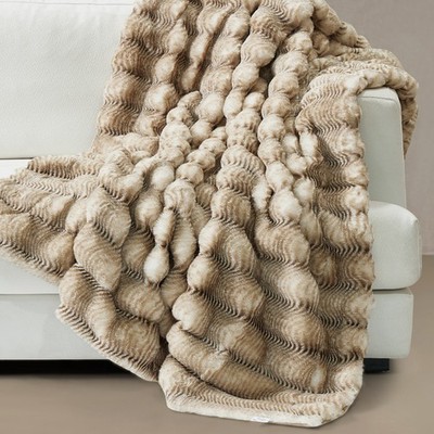 Thick Stripe Faux Rabbit Fur Throw Blanket   Luxury Soft Warm & Cozy Plush