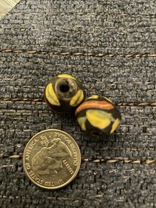 Antique African Black Glass King Beads W/ Yellow Leaf Like Decorations