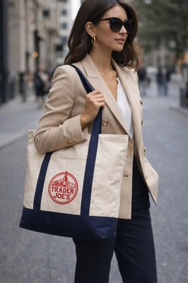 Trader Joe's Large Tote Shopping Bag Cotton Canvas Embroidered Bag ,Navy Blue