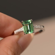 Green Sapphire Ring Emerald Cut Green Gemstone Ring Sterling Silver Wedding Ring