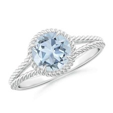 6MM Round Aquamarine Twist Rope Split Shank Ring For Women 925 Sterling Silver