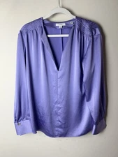 Vince Womens Blouse Lily Stone Satin Smocked Shoulder Long Sleeve Medium Purple