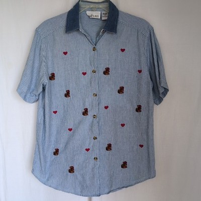 Women s Chambray Button Down Blouse  Embroidered Teddy Bear Hearts Med SS