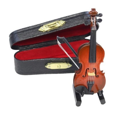 Wooden Miniature Violin with Stand, Bow and Case, Mini Musical Instrument, Do...