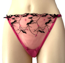 Victoria  s Secret PINK String Bikini Panty Pink Fire Bat Embroidery Coquette XL