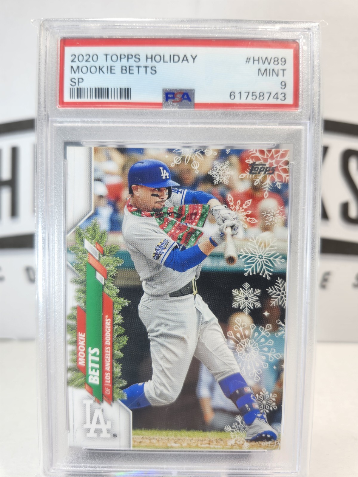 Mookie Betts 2020 Topps Holiday #HW89 Scarf Santa Belt Short Print SP PSA 9 view 1