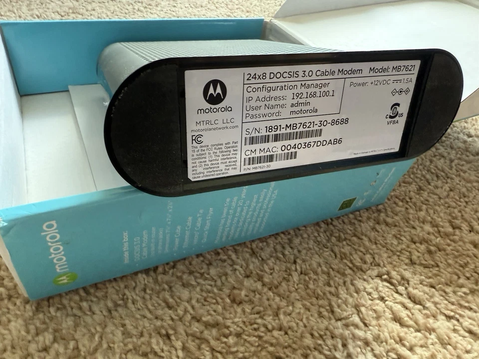 Motorola MB7621 Cable Modem Docsis 3.0 1000+ Mbps Xfinity Cox 24x8 Nib Router - Image 3 of 4