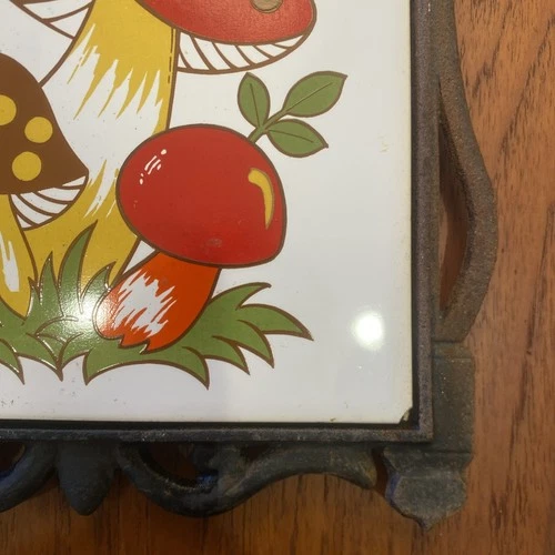 Vintage 1970s Merry Mushroom Tile & Cast Iron Trivet Sears Roebuck Made in Japan image 6