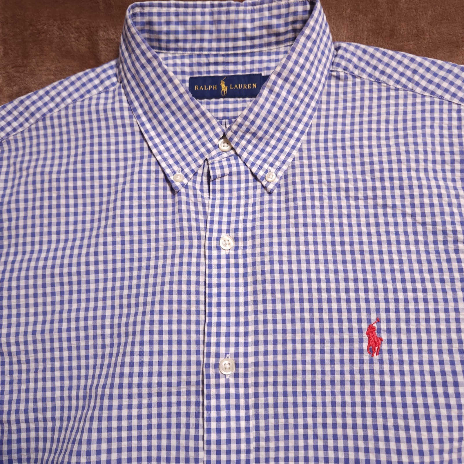 Polo Ralph Lauren Seersucker Shirt Mens Size Large Blue White Plaid Short Sleeve
