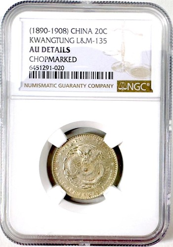 1890-1908 Kwangtung 20 Cents - AU Details Chopmarked - Rare Chinese Coin L&M-135 - Picture 1 of 2