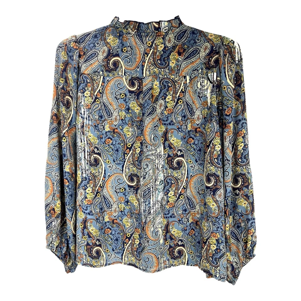Sunny Leigh Blue Print Peasant Top Sz LARGE Tie Neck Ruffle Collar Puff Sleeves - Image 3 of 4