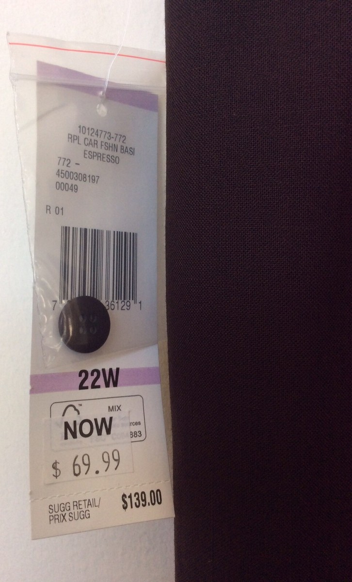 NWT Jones New York Women Brown Polyester Blend Dress Pant Size 22W